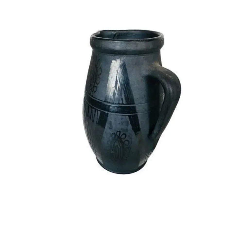 Vintage Pottery‎ Pitcher Charcoal/Black Abstract Design Artist Signed 8